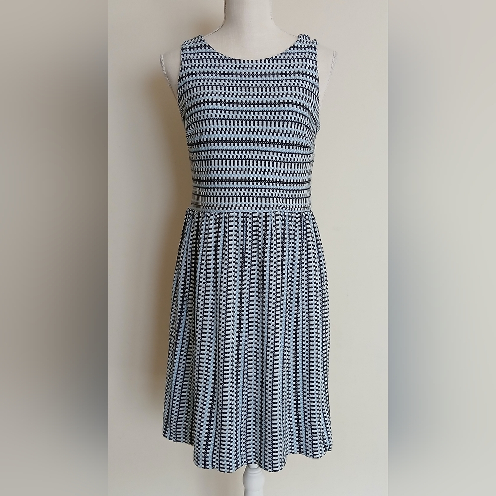 Ann Taylor Loft Sleeveless Knit Blue, Black, and White Print Dress